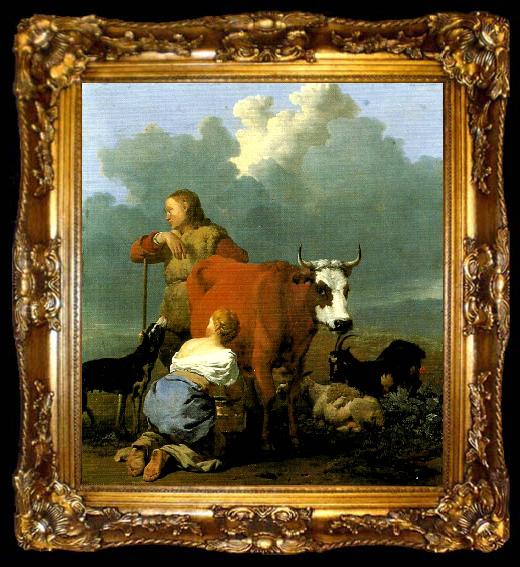 framed  Karel Dujardin bondflicka mjolkande en ko, ta009-2